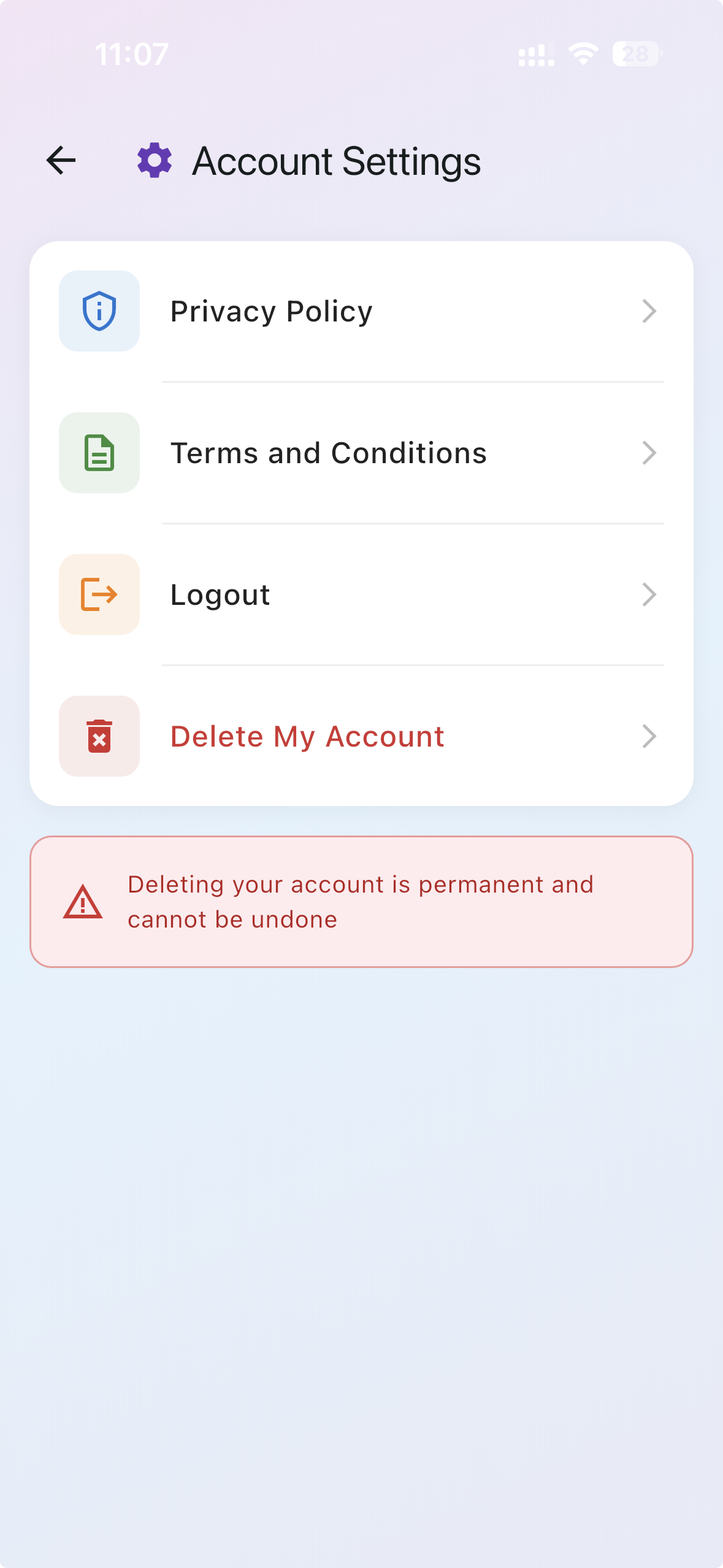 Tapas Guru Mobile App - Account Settings Screen with Delete My Account option