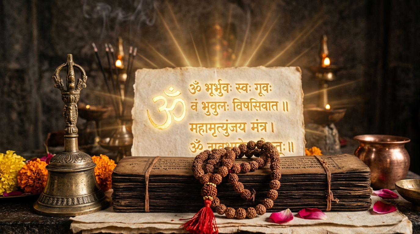 Sacred Sanskrit Vedic Mantras, Calligraphy and Rudraksha Mala